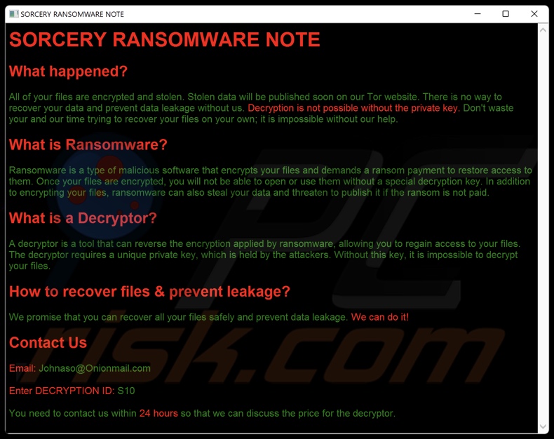 Sorcery ransomware nota de rescate (README.hta)