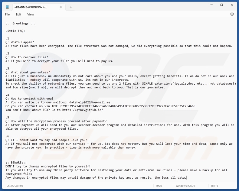 Ursq ransomware nota de rescate (+README-WARNING+.txt)