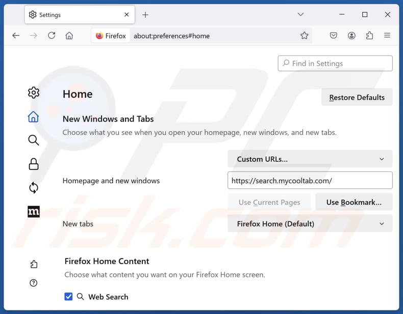 Eliminar search.mycooltab.com de la página de inicio de Mozilla Firefox