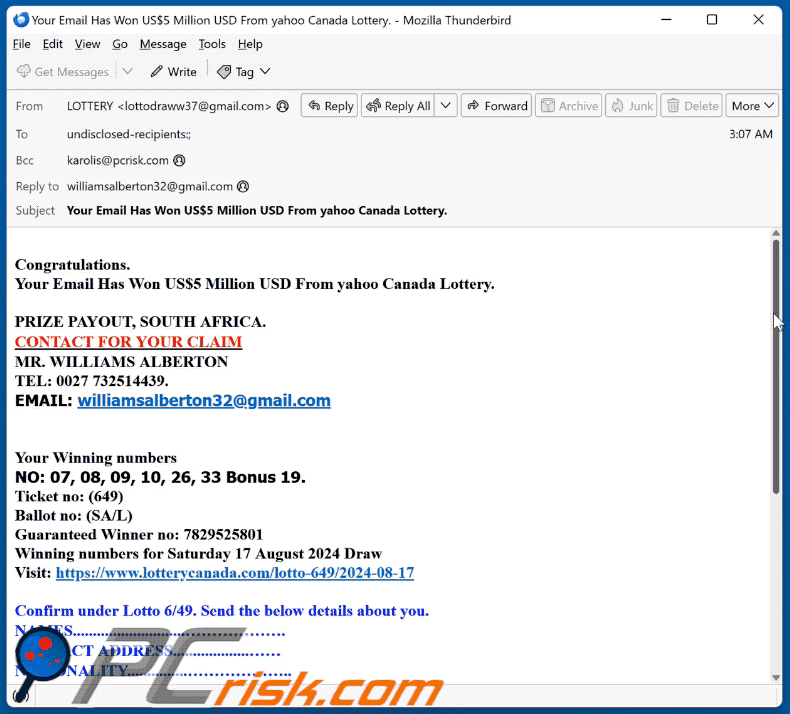 Yahoo Canada Lottery aparición de correo electrónico fraudulento (GIF)