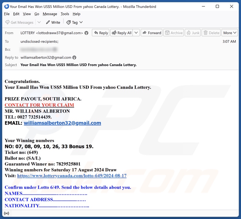 Yahoo Canada Lottery campaña de spam por correo electrónico