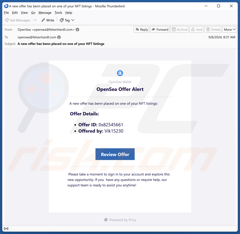 OpenSea Offer Alert campaña de spam por correo electrónico