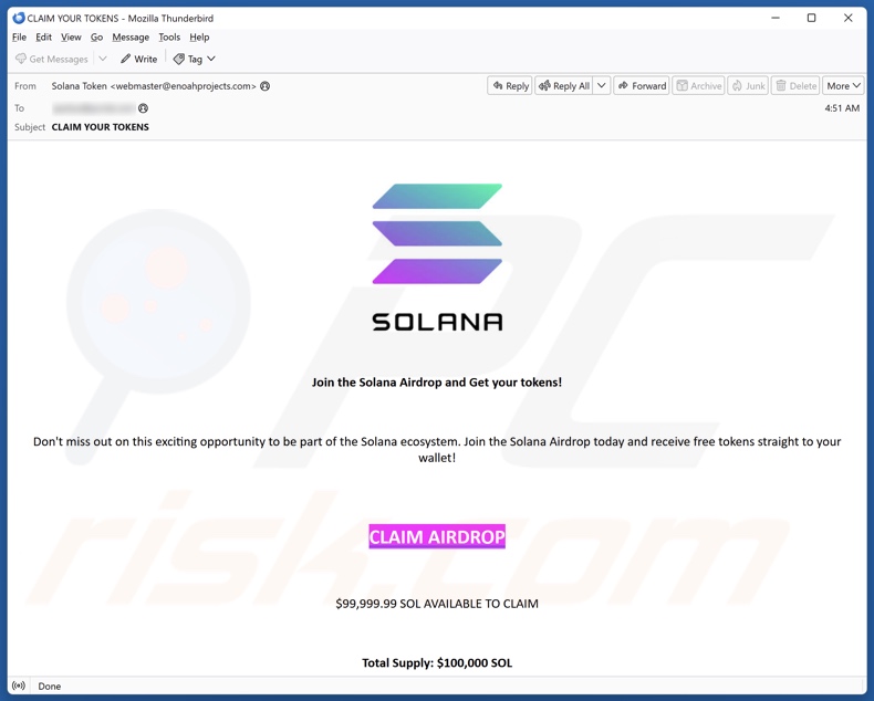 Aparición de un correo spam que avala esta estafa de Solana Giveaway