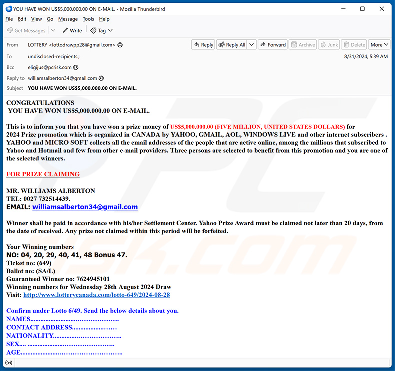 Yahoo Canada Lottery email estafa (2024-09-03)