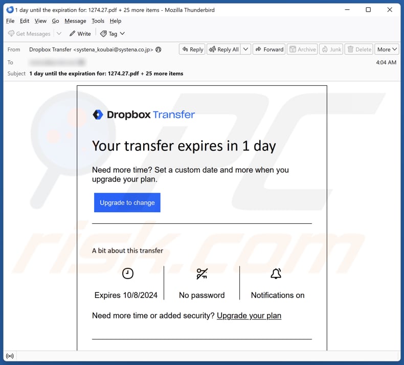 Dropbox - Your Transfer Expires campaña de spam por correo electrónico