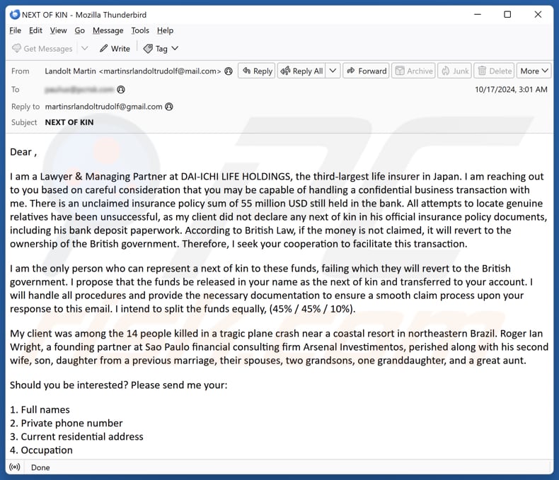 Unclaimed Insurance campaña de spam por correo electrónico