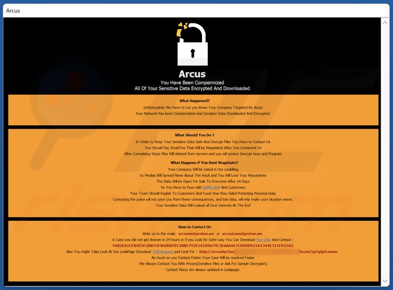 Arcus ransomware mensaje emergente de nota de rescate