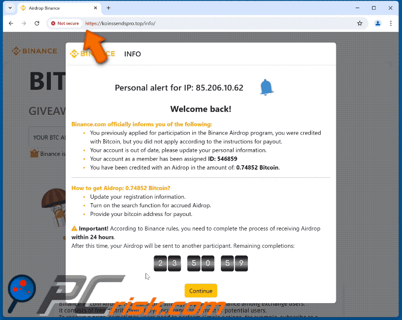 Aparición de la estafa Bitcoin Airdrop de Binance