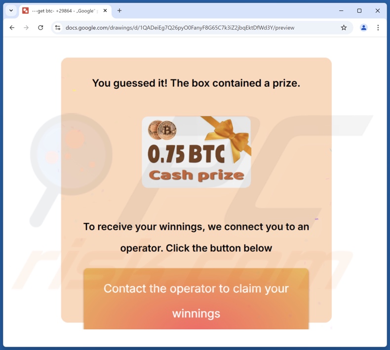 Bitcoin Prize Draw página engañosa promovida por un correo electrónico spam adjunto