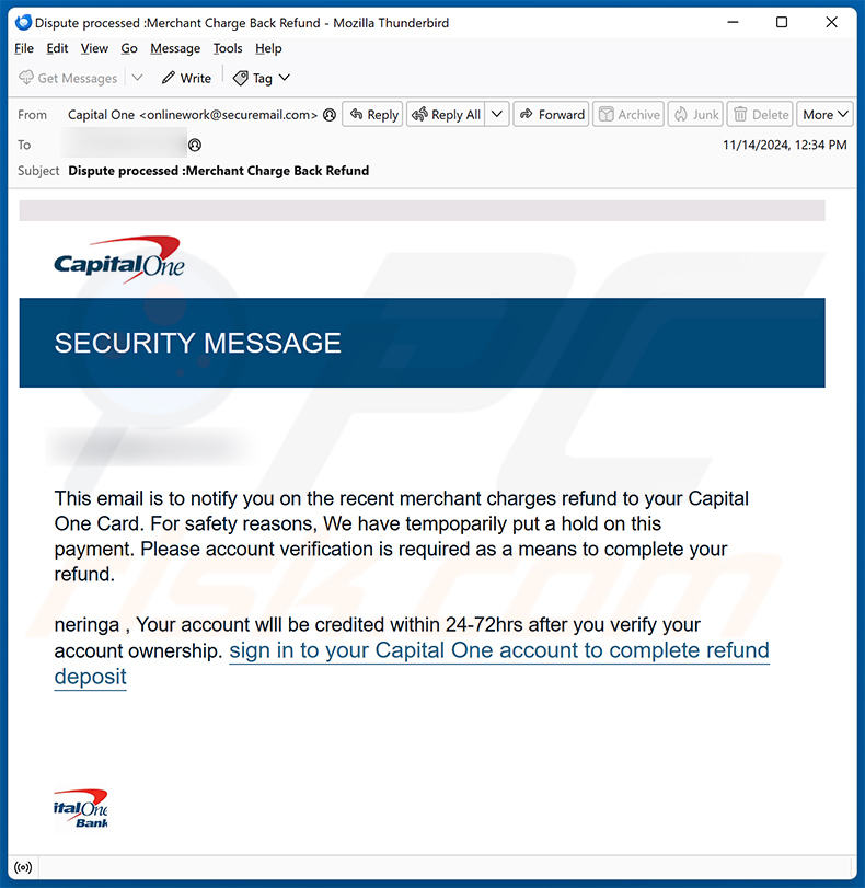 Capital One SECURITY MESSAGE email estafa (2024-11-19)
