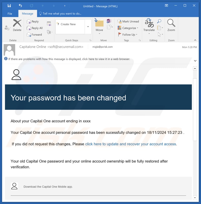 Capital One - Your Password Has Been Changed campaña de spam por correo electrónico