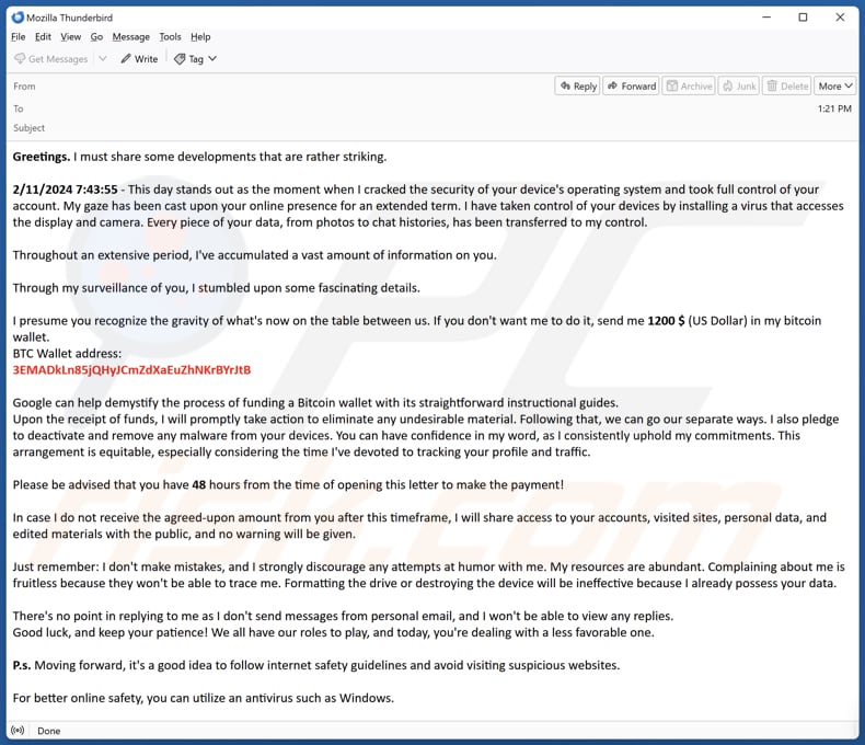 I Have Penetrated Your Device's Operating System email scam segunda variante