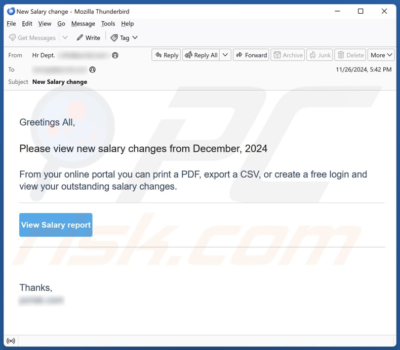 New Salary Changes campaña de spam por correo electrónico