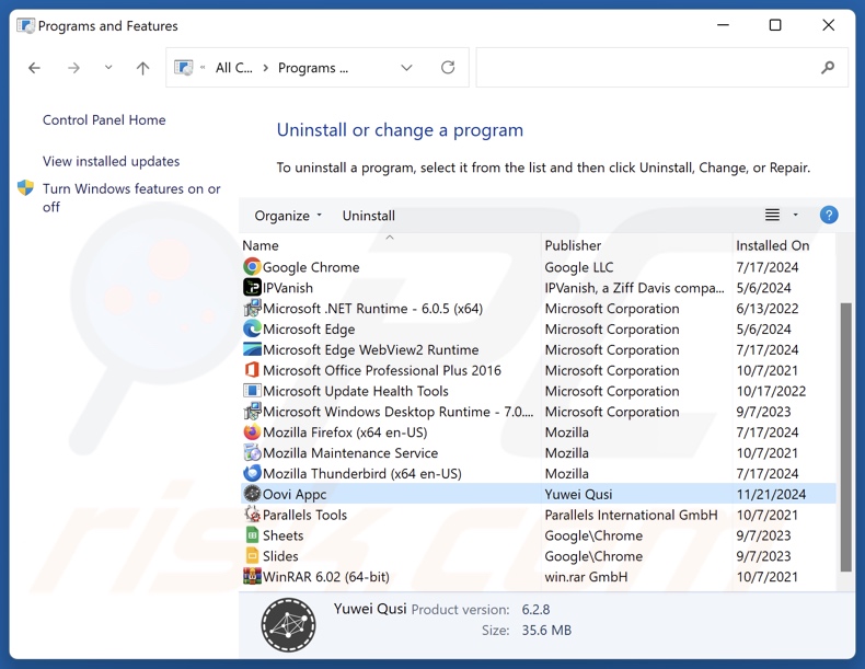 Oovi Appc desinstalar a través del Panel de control