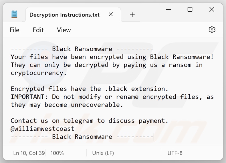 Black (Prince) ransomware nota de rescate (Decryption Instructions.txt)