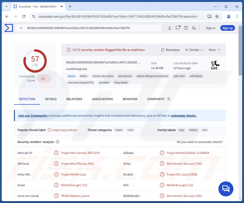 Zephyr Miner detecciones de malware en VirusTotal