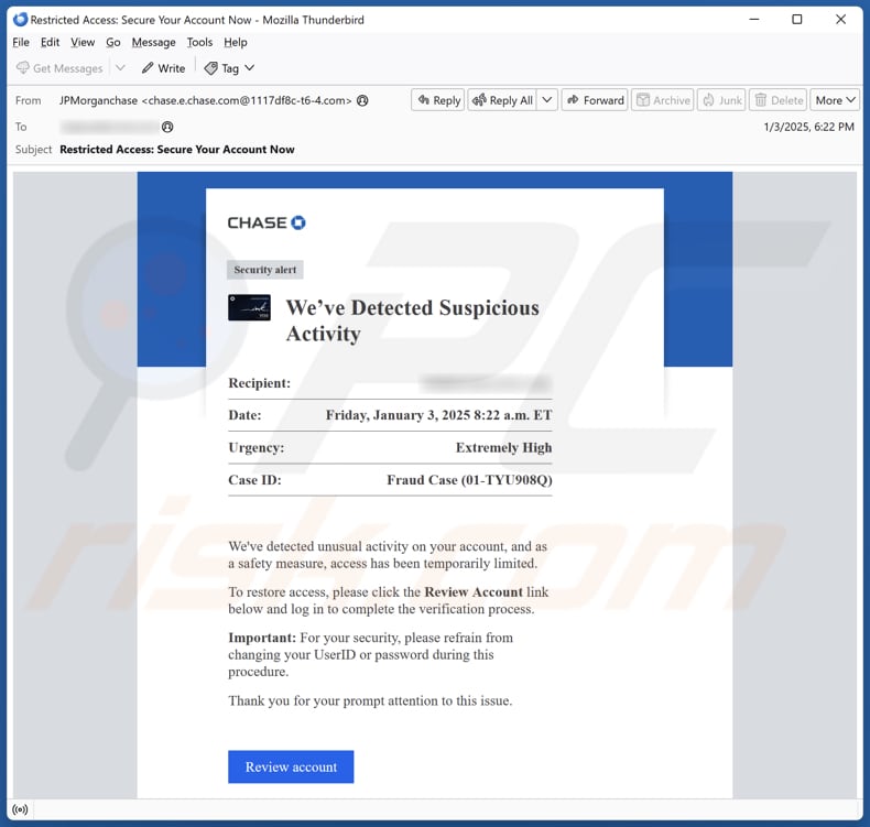 Chase - Suspicious Activity campaña de correo electrónico no deseado