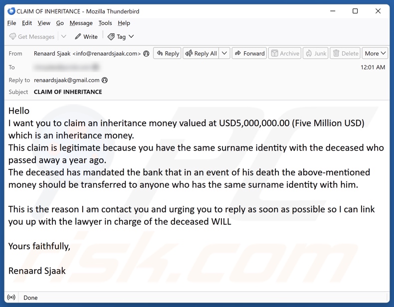 Claim Inheritance Money campaña de spam por correo electrónico