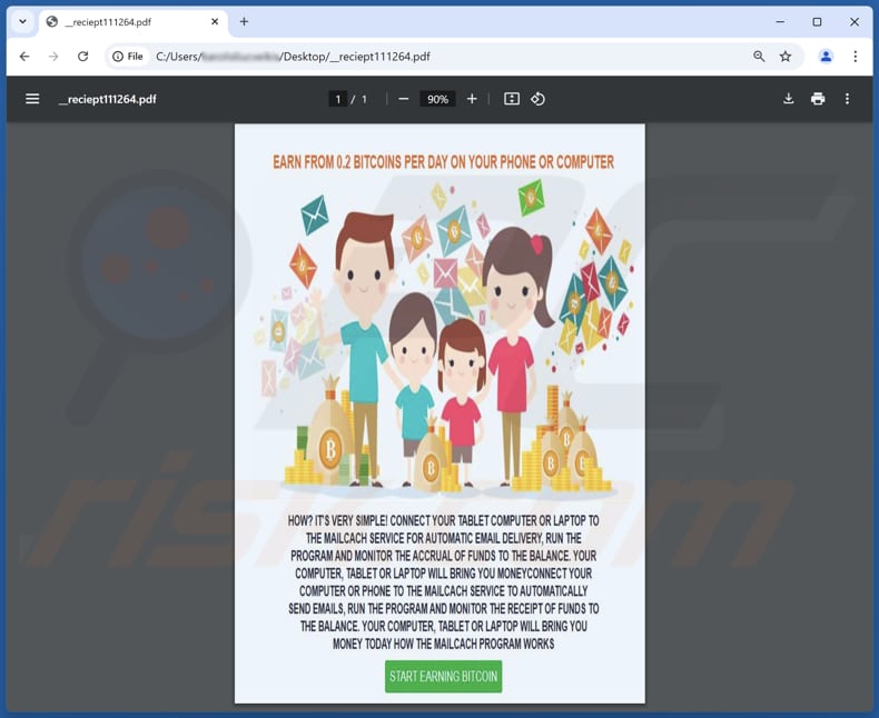 MailCach Bitcoin Earning PDF de estafa adjunto al correo electrónico