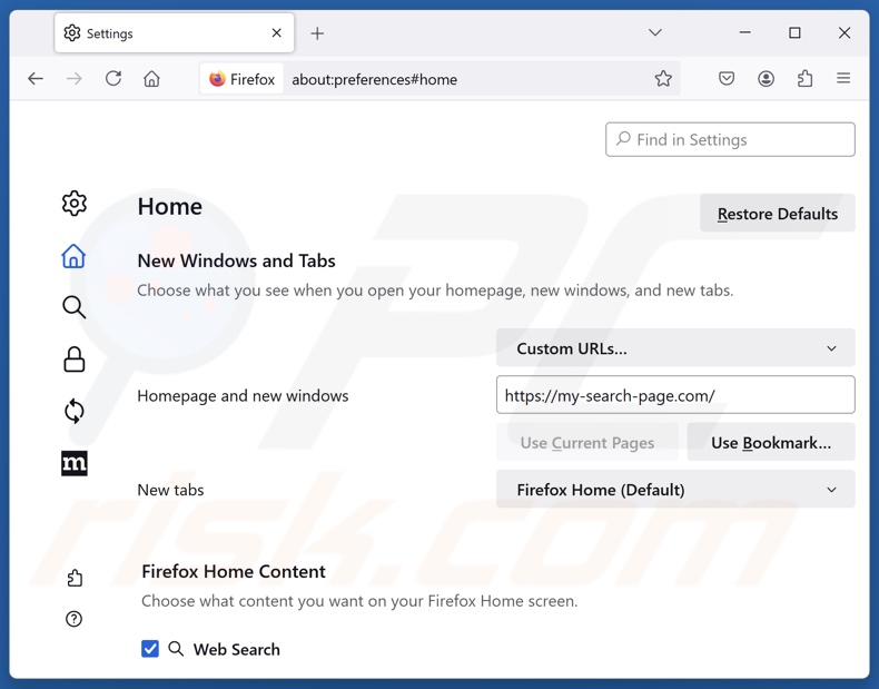 Eliminar my-search-page.com de la página de inicio de Mozilla Firefox
