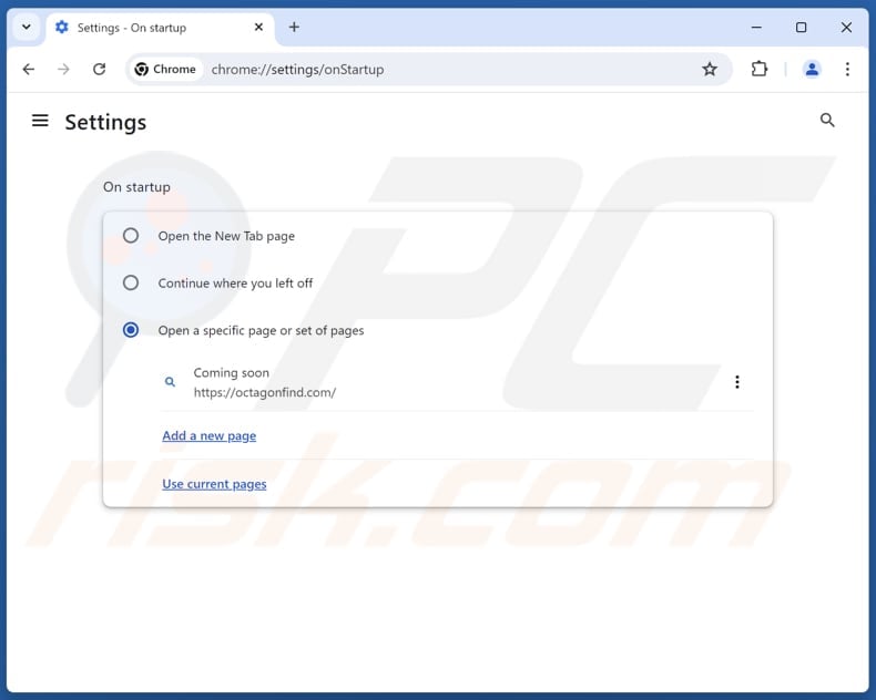 Eliminación de octagonfind.com de la página de inicio de Google Chrome