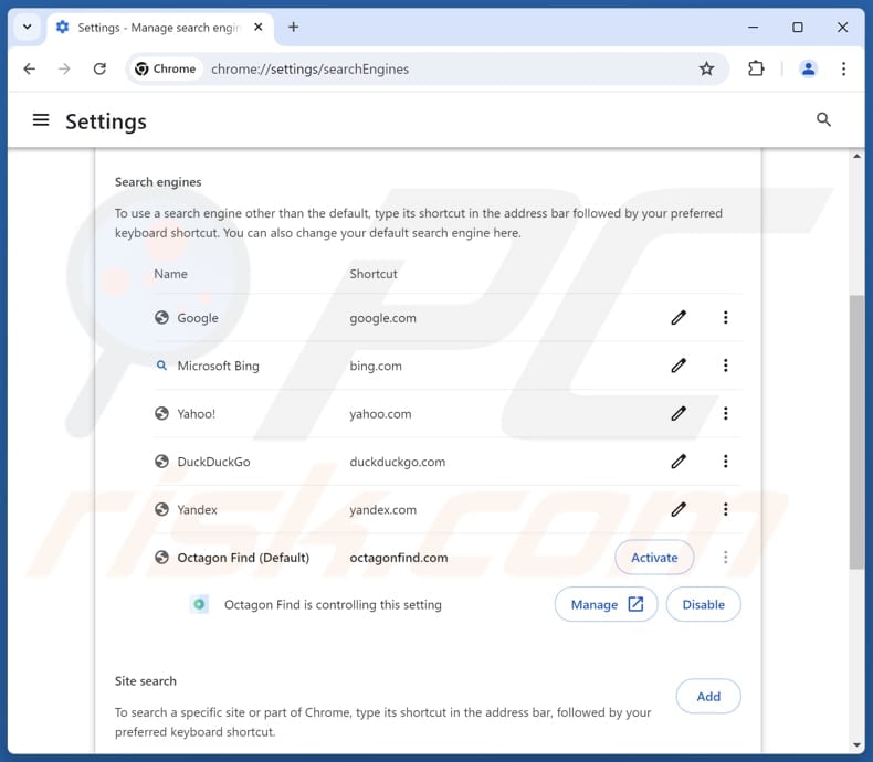 Eliminación de octagonfind.com del motor de búsqueda predeterminado de Google Chrome