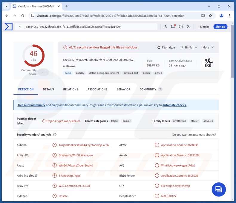 Detecciones del malware ScarletStealer en VirusTotal