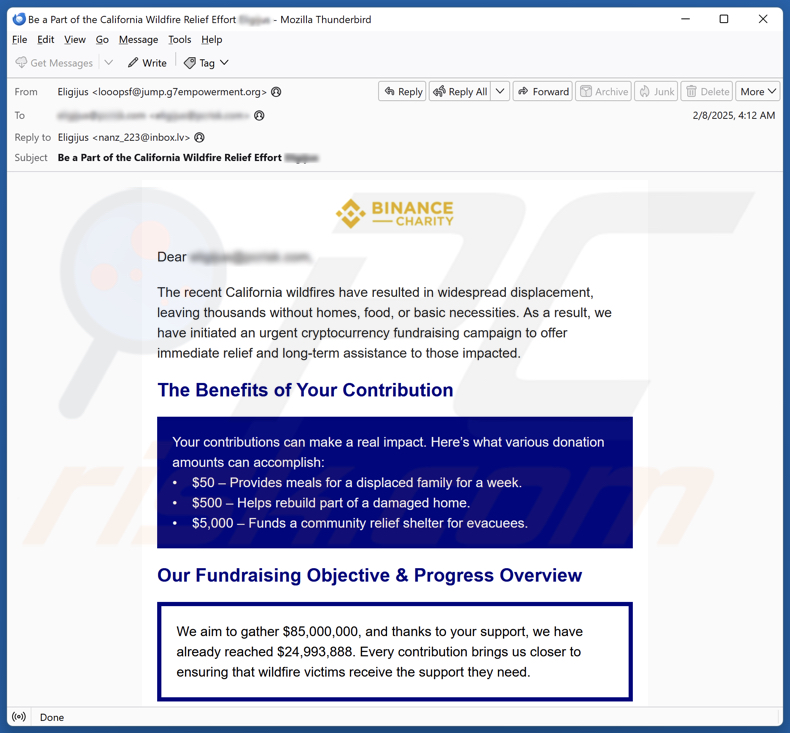 Binance Charity - California Wildfires Fundraiser campaña de spam por correo electrónico