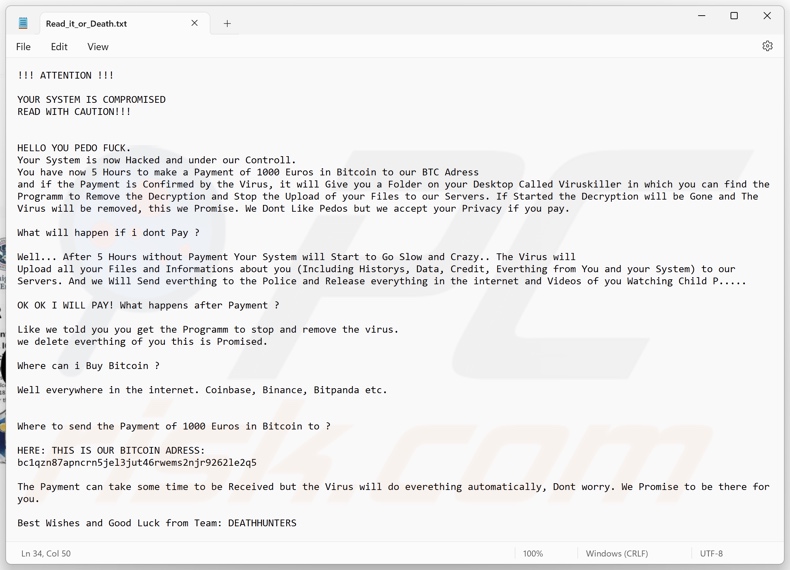 DeathHunters ransomware nota de rescate (Read_it_or_Death.txt)