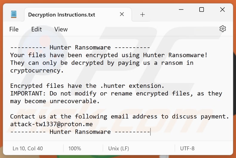 Hunter ransomware archivo de texto (Decryption Instructions.txt)
