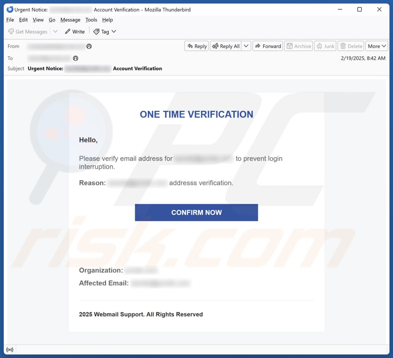 One Time Verification campaña de spam por correo electrónico