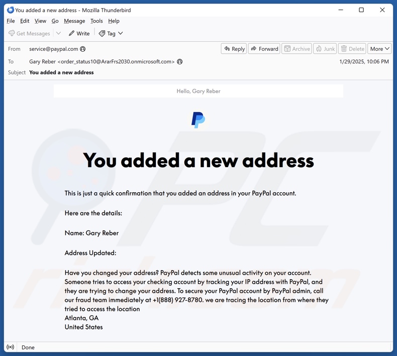 PayPal - You Added A New Address variante alternativa de correo electrónico fraudulento