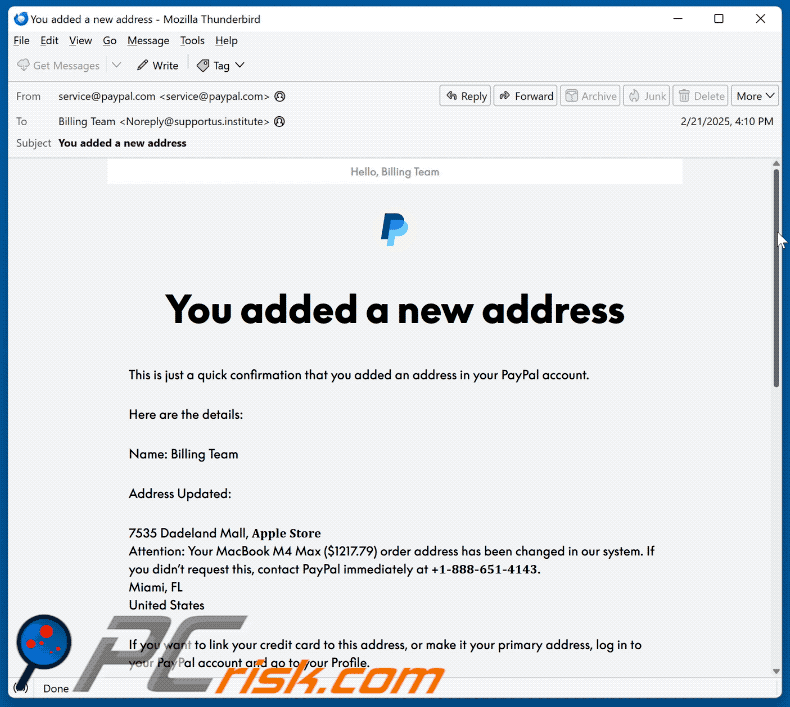 PayPal - You Added A New Address aparición de correo electrónico fraudulento (GIF)