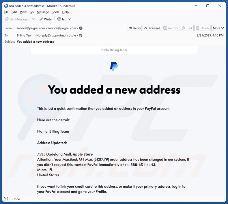 PayPal - You Added A New Address campaña de spam por correo electrónico