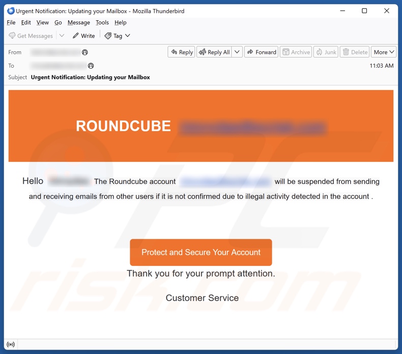 Roundcube Account Will Be Suspended campaña de spam por correo electrónico