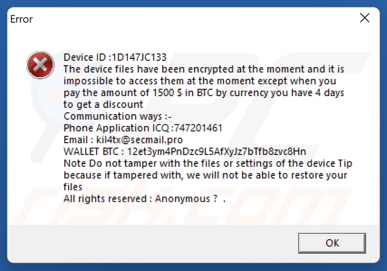 Anonymous (Xorist) ransomware nota de rescate (pop-up)