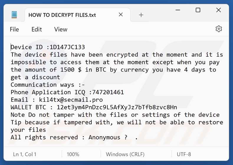 Anonymous (Xorist) ransomware archivo de texto (HOW TO DECRYPT FILES.txt)