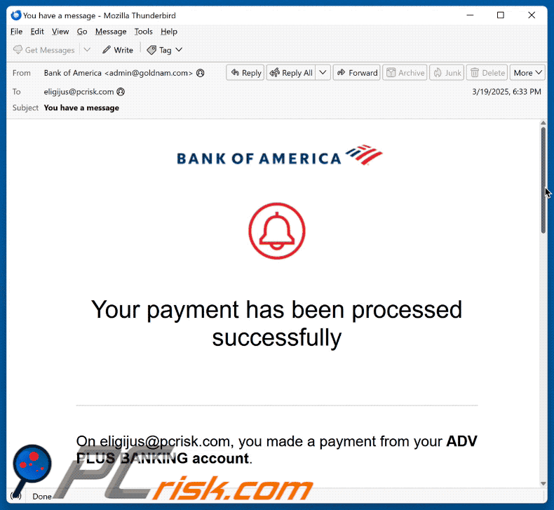 Bank Of America - Payment Processed Successfully Aspecto de la estafa por correo electrónico