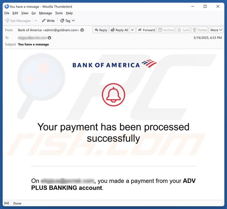 Bank Of America - Payment Processed Successfully campaña de spam por correo electrónico