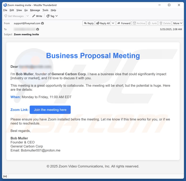 Business Proposal Meeting campaña de spam por correo electrónico