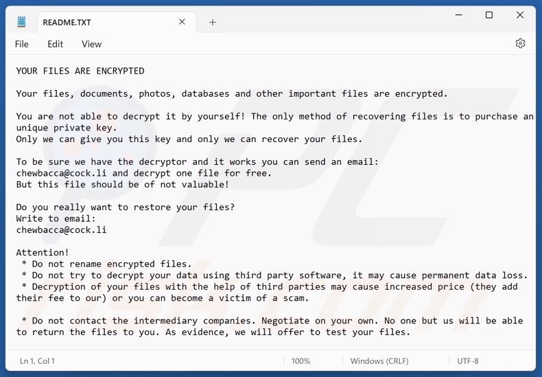 Chewbacca ransomware nota de rescate (README.TXT)