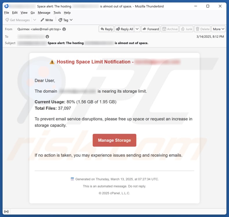 Hosting Space Limit Notification campaña de spam por correo electrónico
