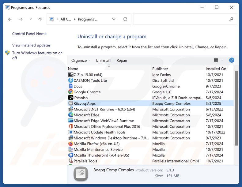 Kiicvoq Apps desinstalar via Control Panel