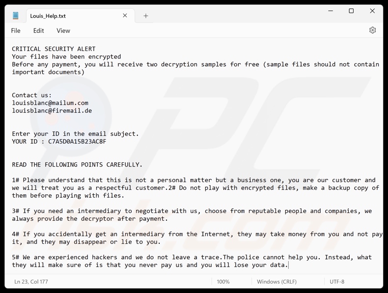 Louis ransomware nota de rescate (Louis_Help.txt)
