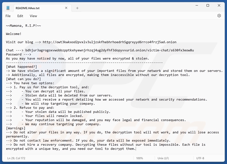 Mamona ransomware nota de rescate (README.HAes.txt)