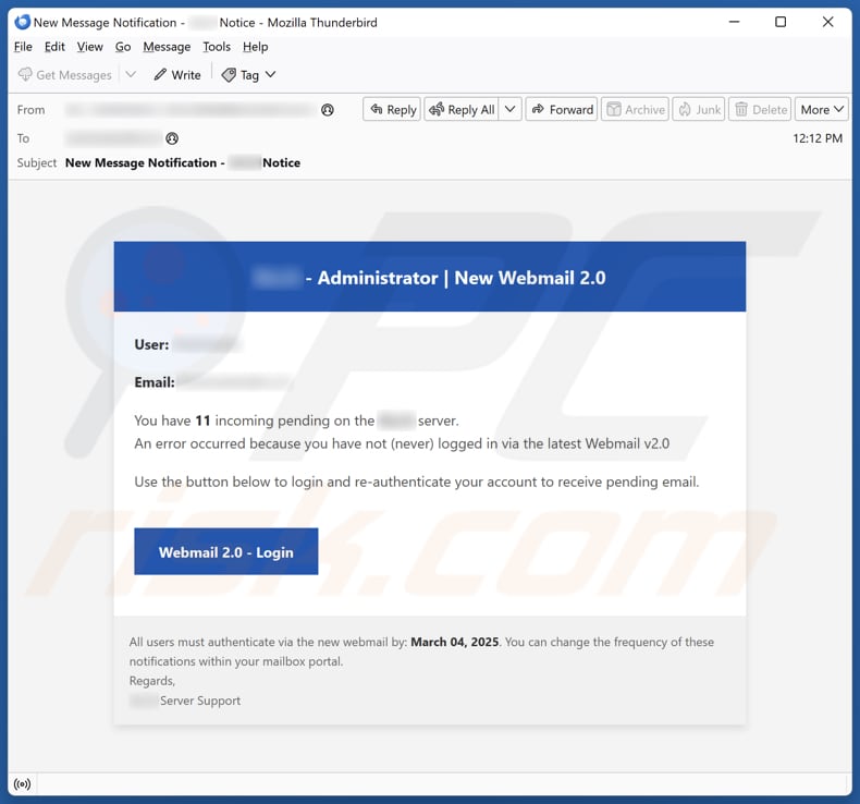 New Webmail 2.0 campaña de spam por correo electrónico