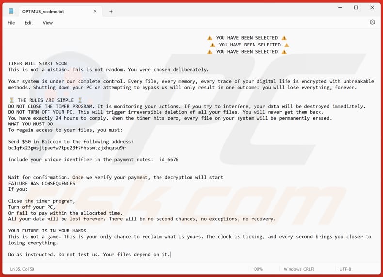 Optimus ransomware archivo de texto (OPTIMUS_readme.txt)