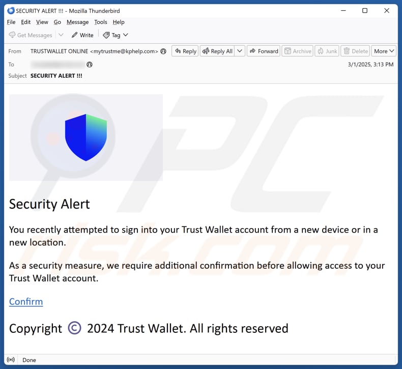 Trust Wallet Sign-In Attempt campaña de spam por correo electrónico