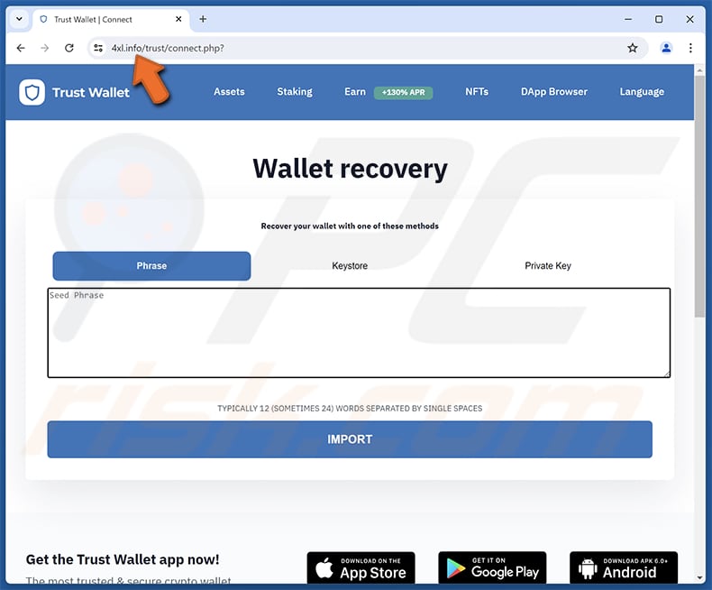 Trust Wallet Sign-In Attempt Página de phishing