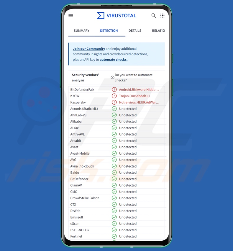 Vapor app detecciones en VirusTotal